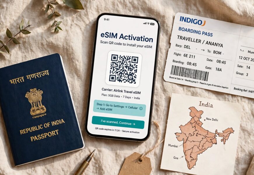 Smartphone showing eSIM QR code activation next to passport and India map
