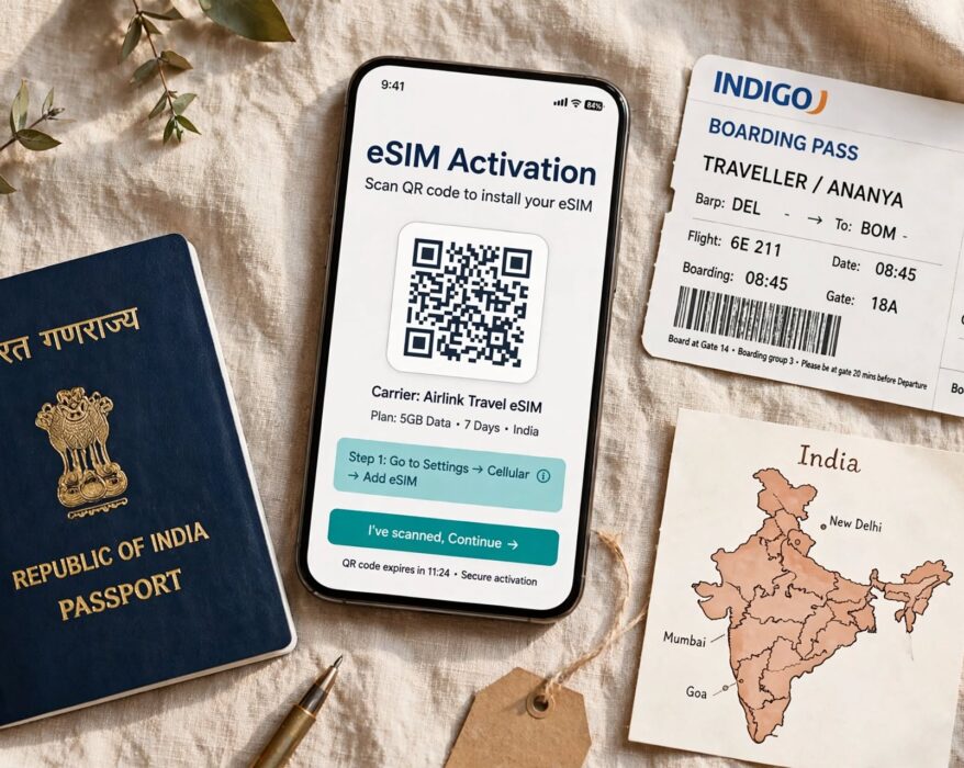 Smartphone showing eSIM QR code activation next to passport and India map