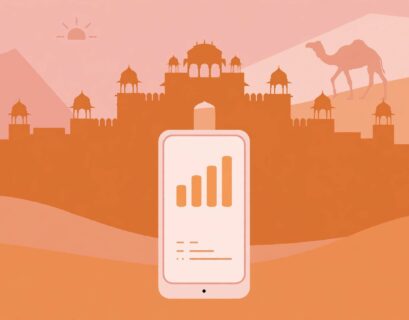 Smartphone with signal icon in front of a Rajasthan desert fort illustration