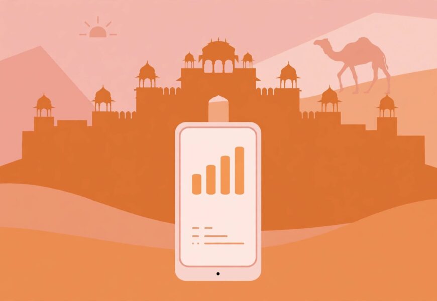 Smartphone with signal icon in front of a Rajasthan desert fort illustration