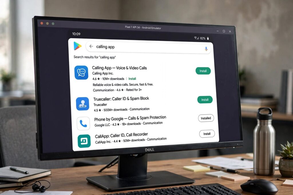Google Play Store search results for a calling app shown inside an Android emulator