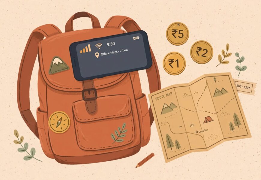 Smartphone with signal icon resting on a backpack with map and coins representing budget travel in India