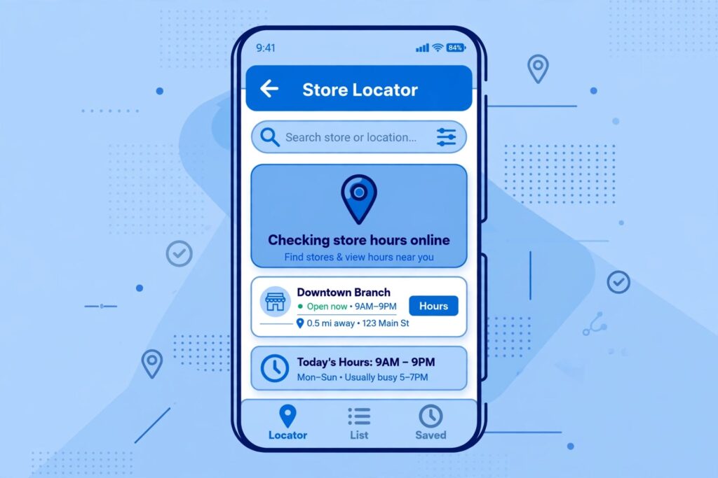 Smartphone showing a map pin and store locator search bar for checking store hours
