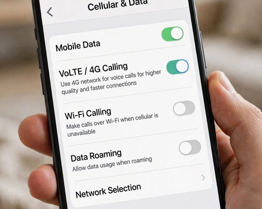 Samsung Galaxy settings screen showing the VoLTE Calls toggle enabled for a Jio SIM