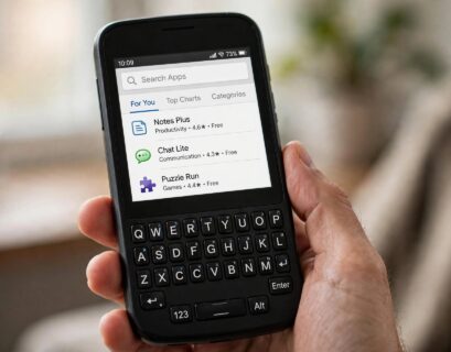 BlackBerry Classic phone showing the Amazon Appstore search screen for the Jio4GVoice app