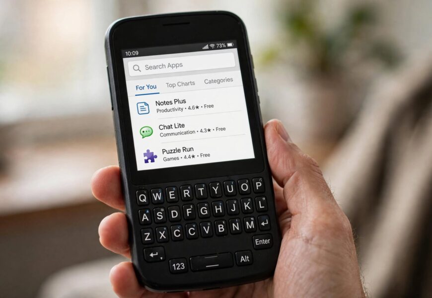 BlackBerry Classic phone showing the Amazon Appstore search screen for the Jio4GVoice app