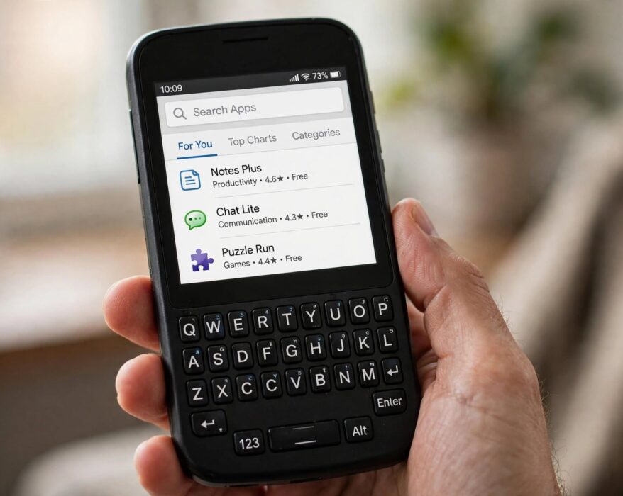 BlackBerry Classic phone showing the Amazon Appstore search screen for the Jio4GVoice app