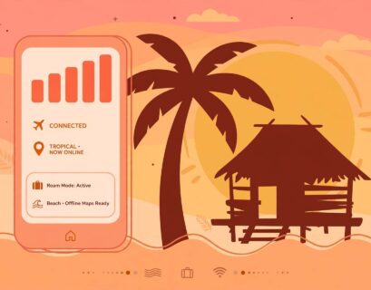 Smartphone with strong signal beside a beach and palm tree illustration representing Goa network coverage