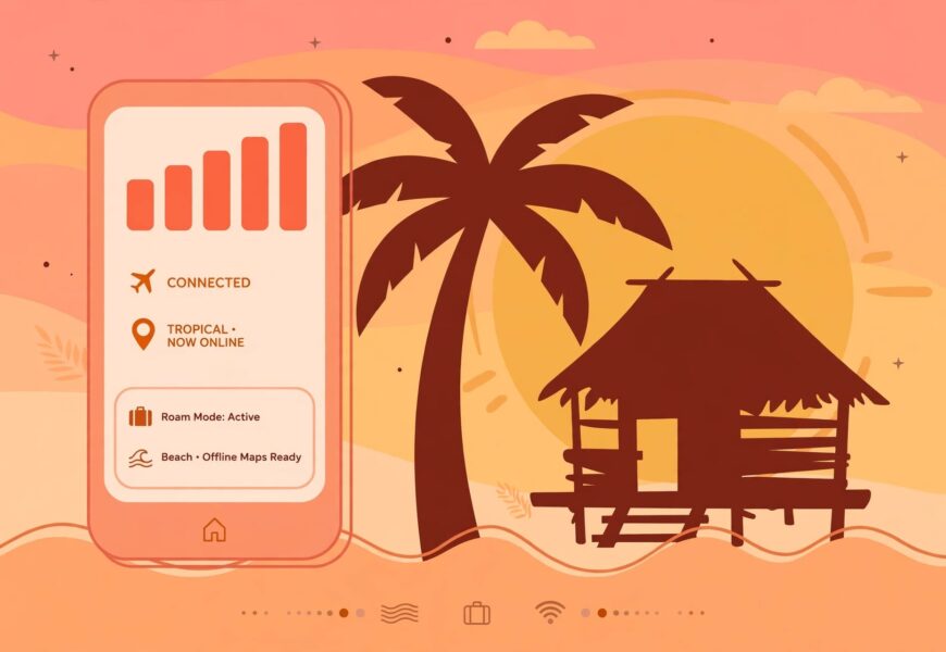 Smartphone with strong signal beside a beach and palm tree illustration representing Goa network coverage