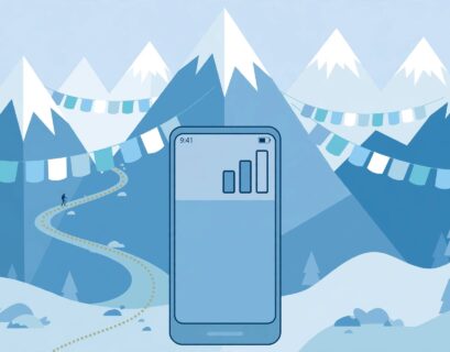 Smartphone with signal icon in front of Himalayan mountains and trekking trail illustration