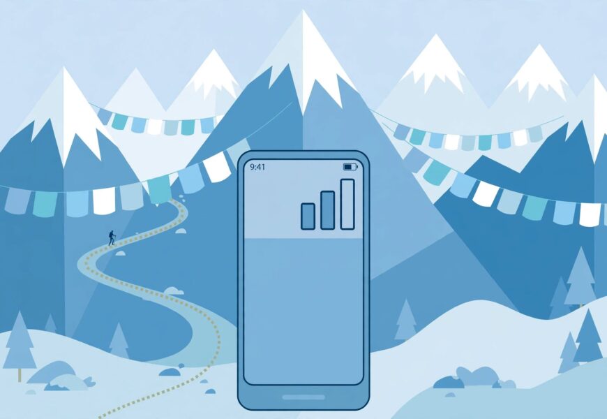 Smartphone with signal icon in front of Himalayan mountains and trekking trail illustration