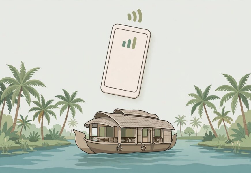Smartphone showing signal strength above a Kerala backwaters houseboat scene