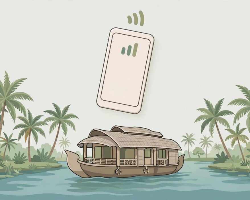 Smartphone showing signal strength above a Kerala backwaters houseboat scene