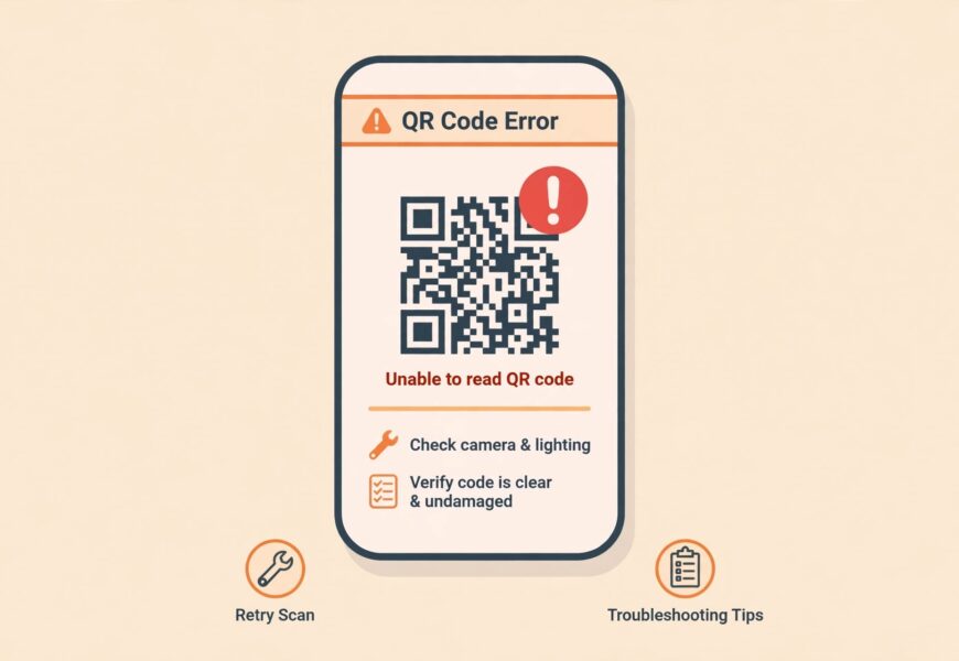 Smartphone showing an eSIM QR code error with troubleshooting icons