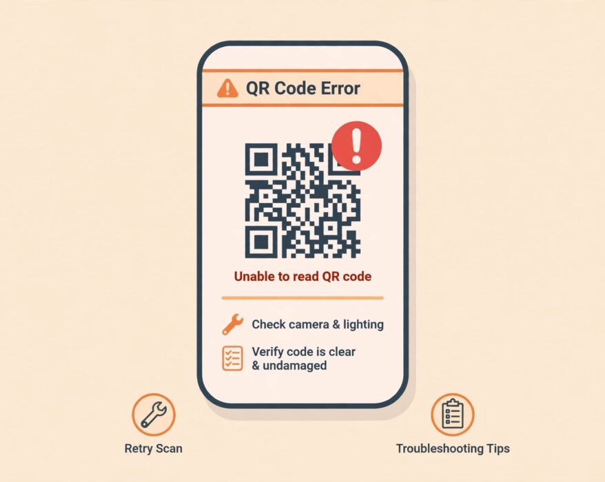 Smartphone showing an eSIM QR code error with troubleshooting icons