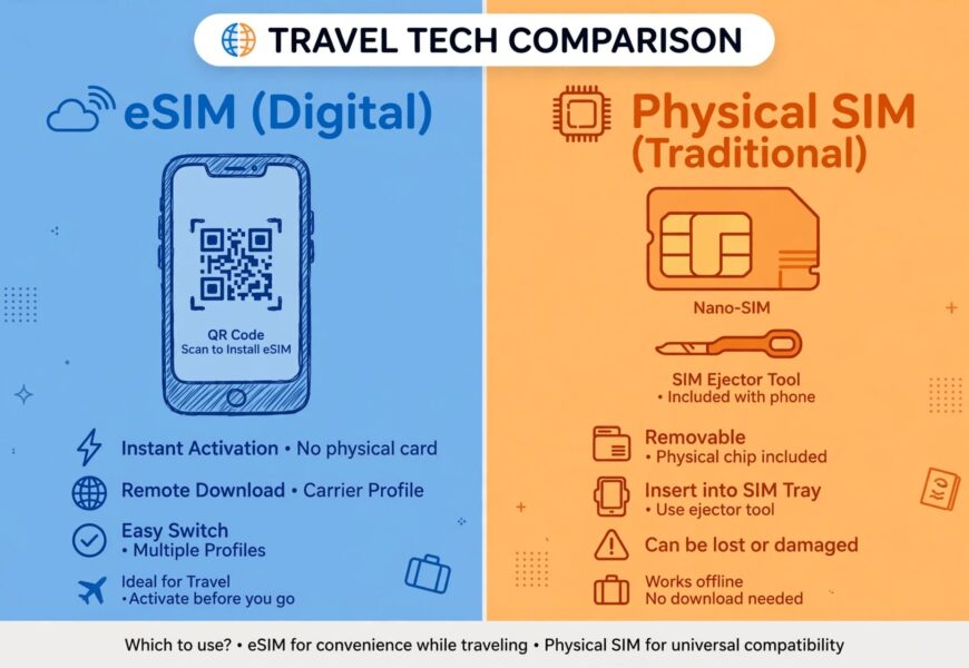 Split comparison of eSIM QR code activation versus physical SIM card for India travel