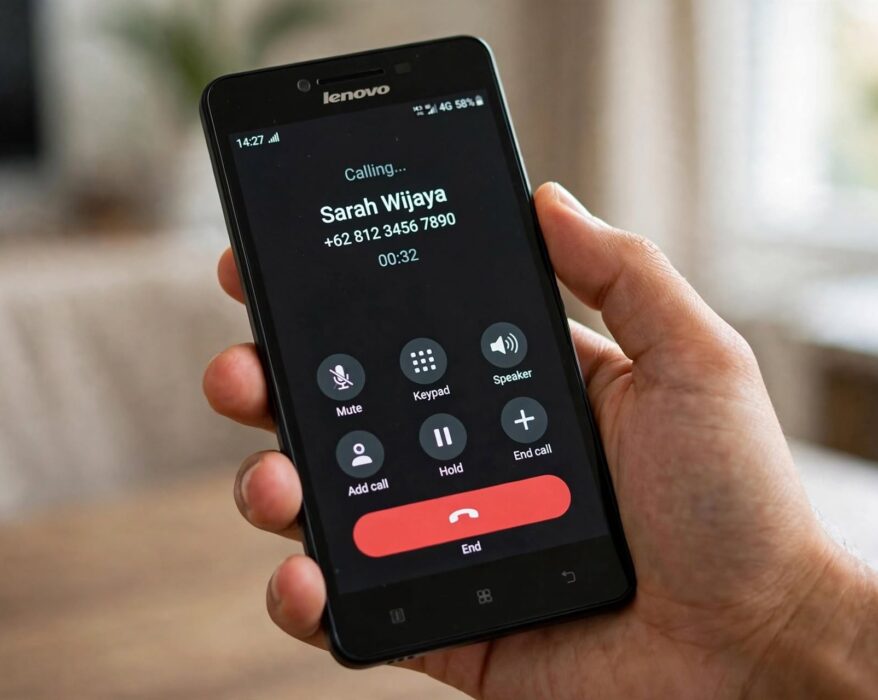 Lenovo A6000 phone showing calling screen for jio voice call setup