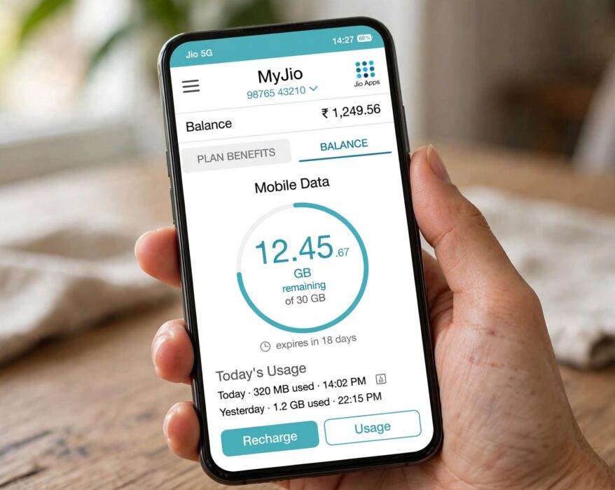 MyJio app showing data balance and validity screen