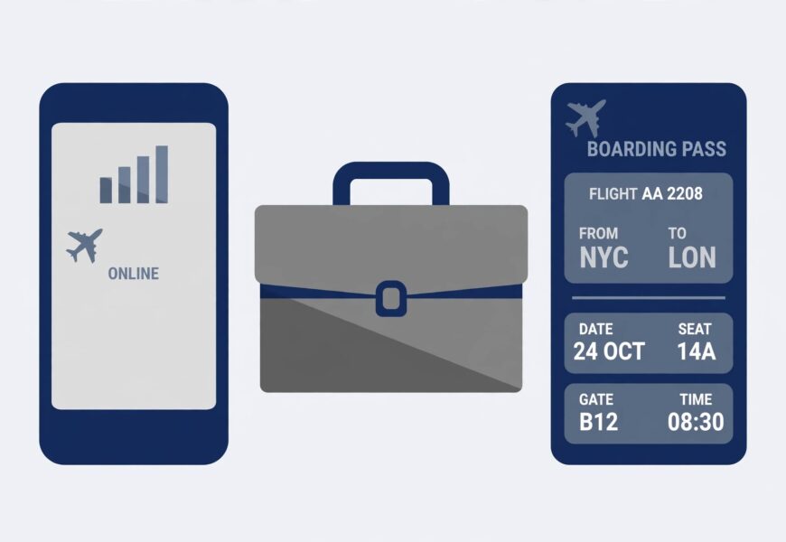 Smartphone with signal icon beside a briefcase and boarding pass representing business travel to India