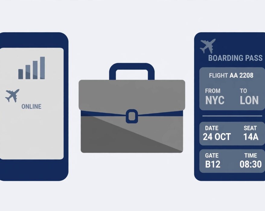 Smartphone with signal icon beside a briefcase and boarding pass representing business travel to India