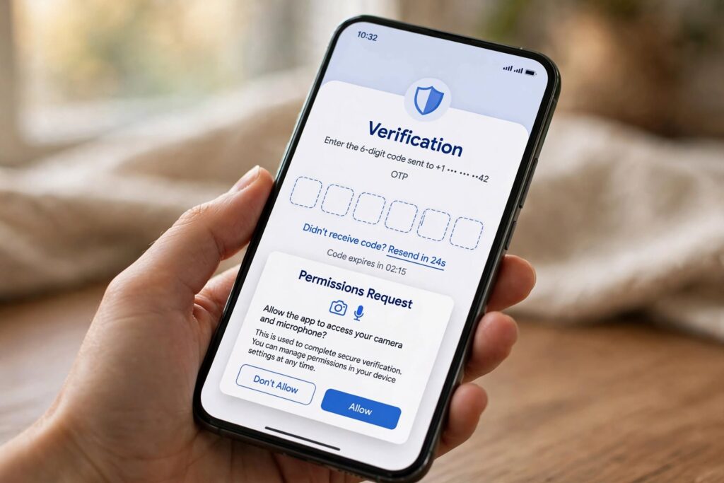 Smartphone screen showing the Jio4GVoice app permission and OTP verification setup