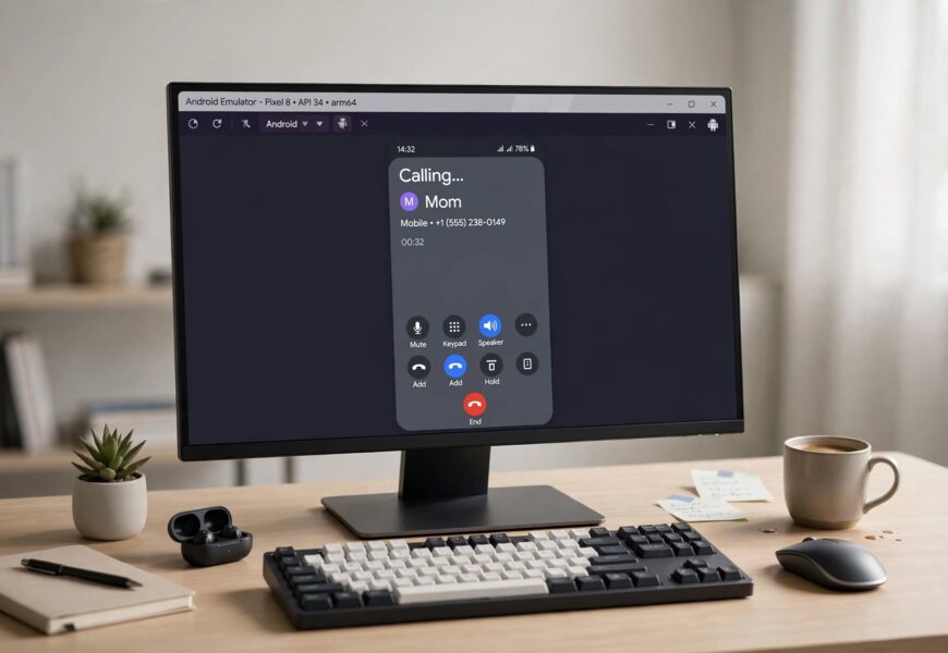 Desktop computer running a calling app through an Android emulator