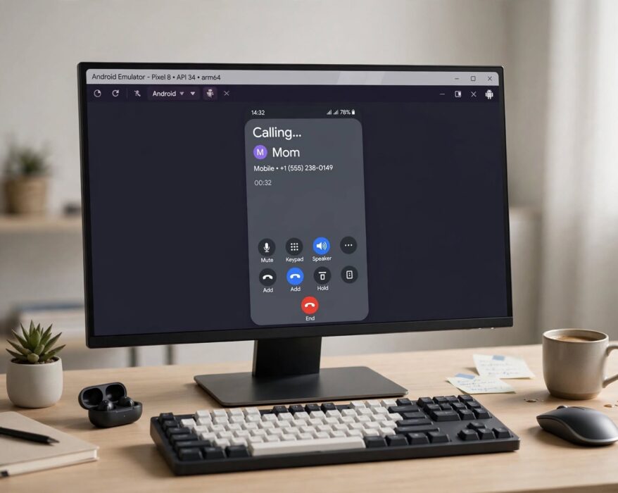 Desktop computer running a calling app through an Android emulator