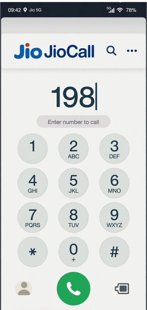 JioCall app dial pad showing the number 198 being entered