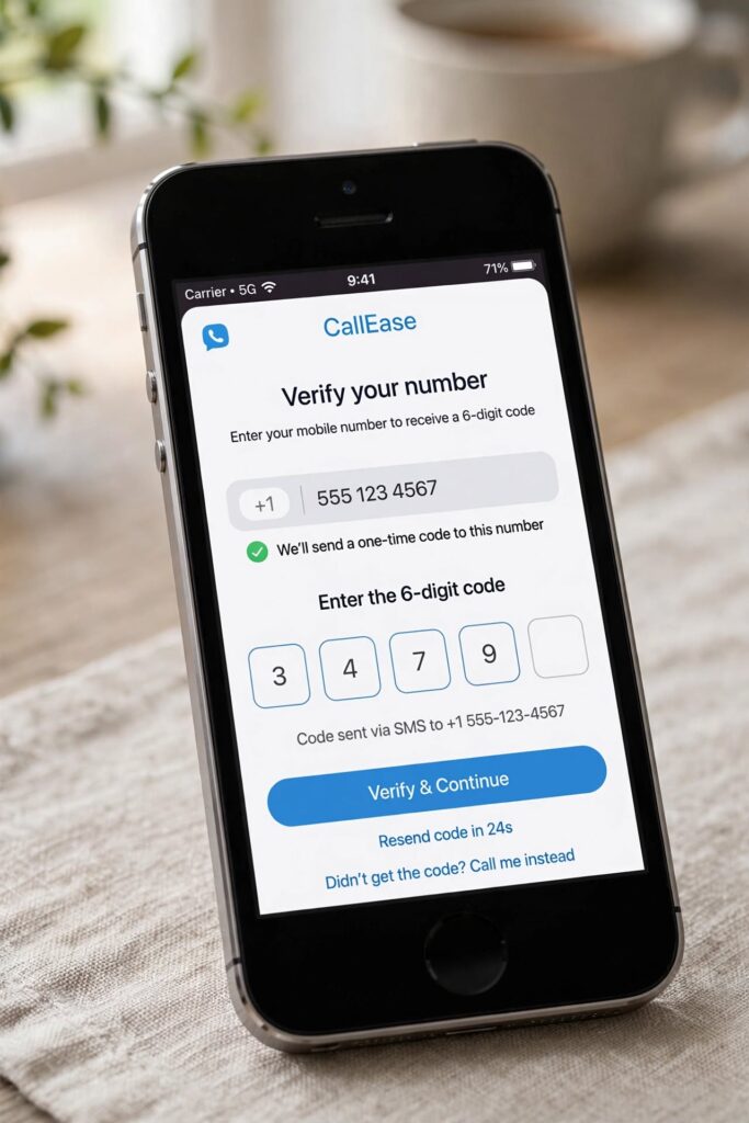 iPhone screen showing JioCall app login with OTP verification