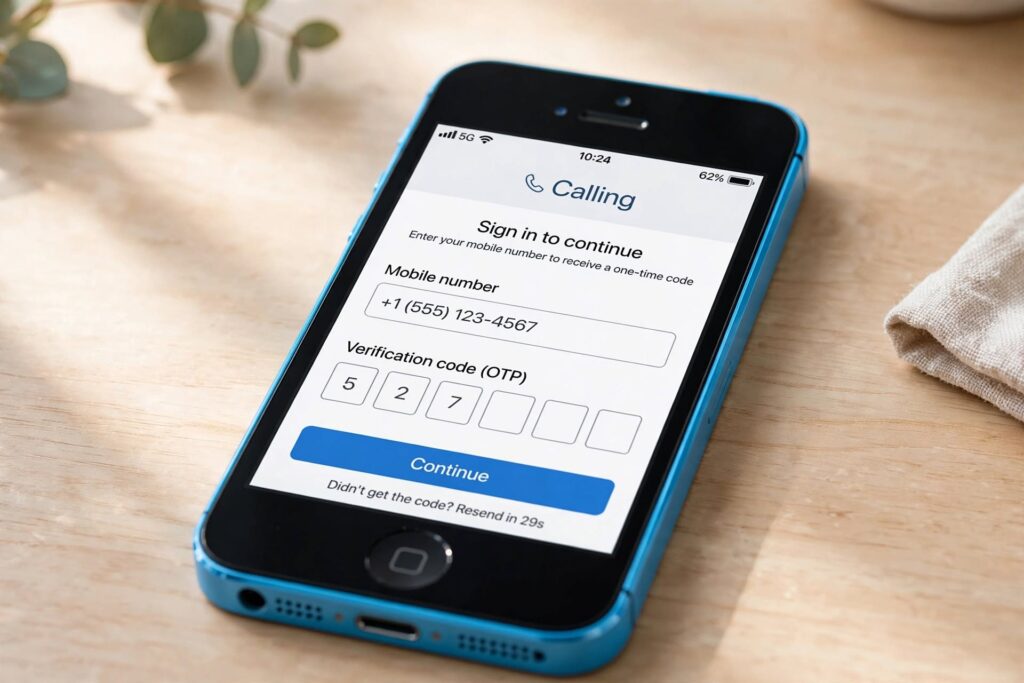 iPhone 5c screen showing JioCall app sign-in with OTP verification