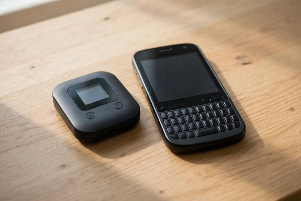 Small pocket Wi-Fi hotspot device placed beside a BlackBerry Classic smartphone