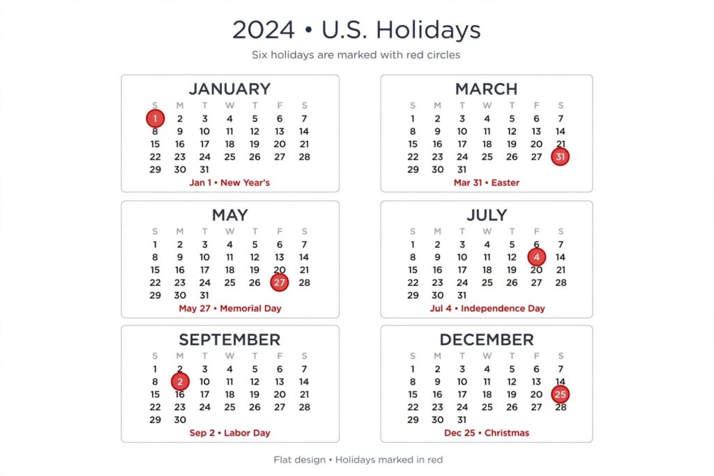 Calendar illustration with major U.S. holidays circled, relevant to store hour changes