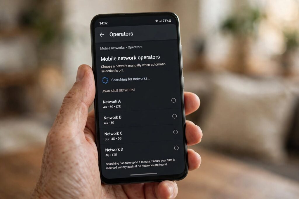 Samsung Galaxy network operator search screen used for troubleshooting Jio call drops