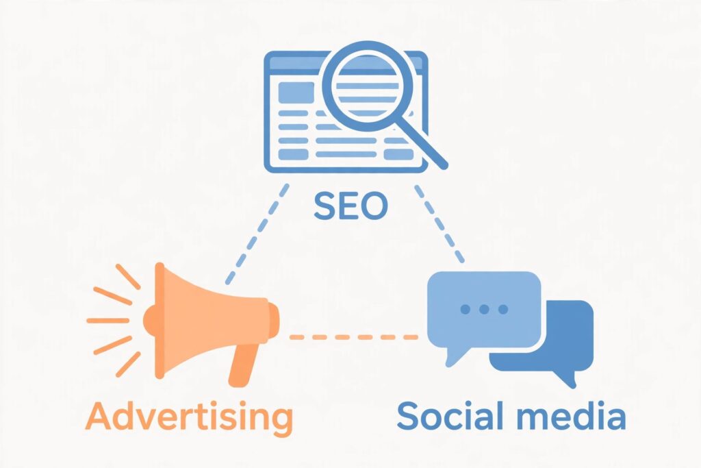 Icons representing SEO, PPC advertising, and social media marketing services