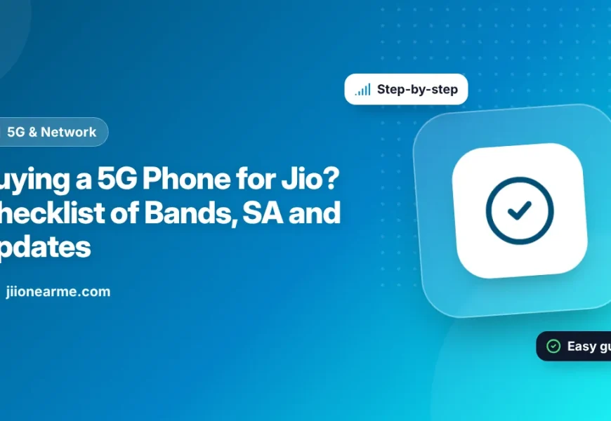 Illustration of a checklist next to a new 5G phone with ticks for bands, SA, VoLTE and updates