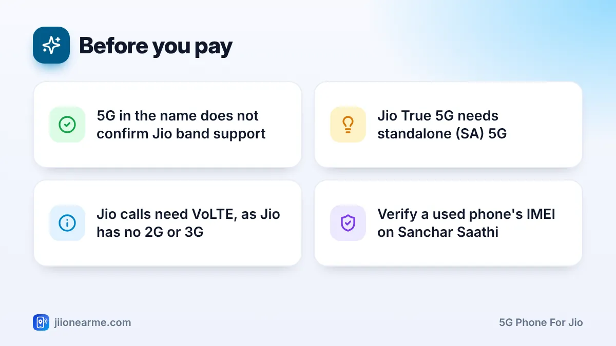 Before you pay: 4 key tips infographic – Buying a 5G Phone for Jio? Checklist of Bands, SA and Updates