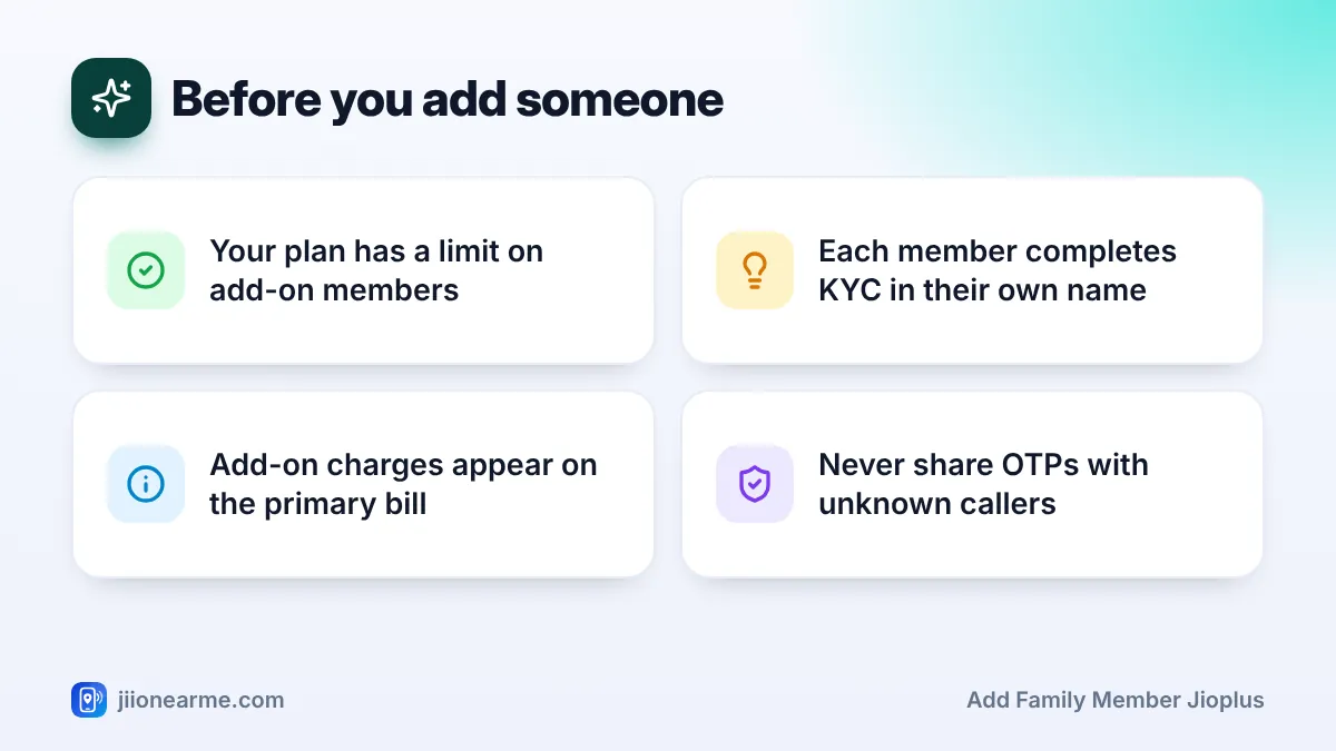Before you add someone – key tips | Add family member JioPlus Before you add someone: 4 key tips infographic – How to Add a Family Member to Your JioPlus Postpaid Plan