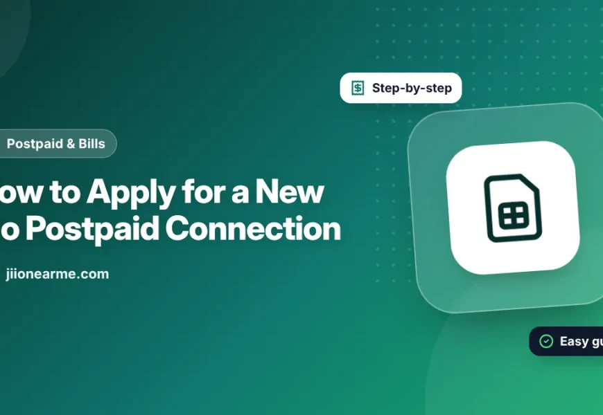Illustration of a new Jio SIM card next to a phone showing a postpaid plan