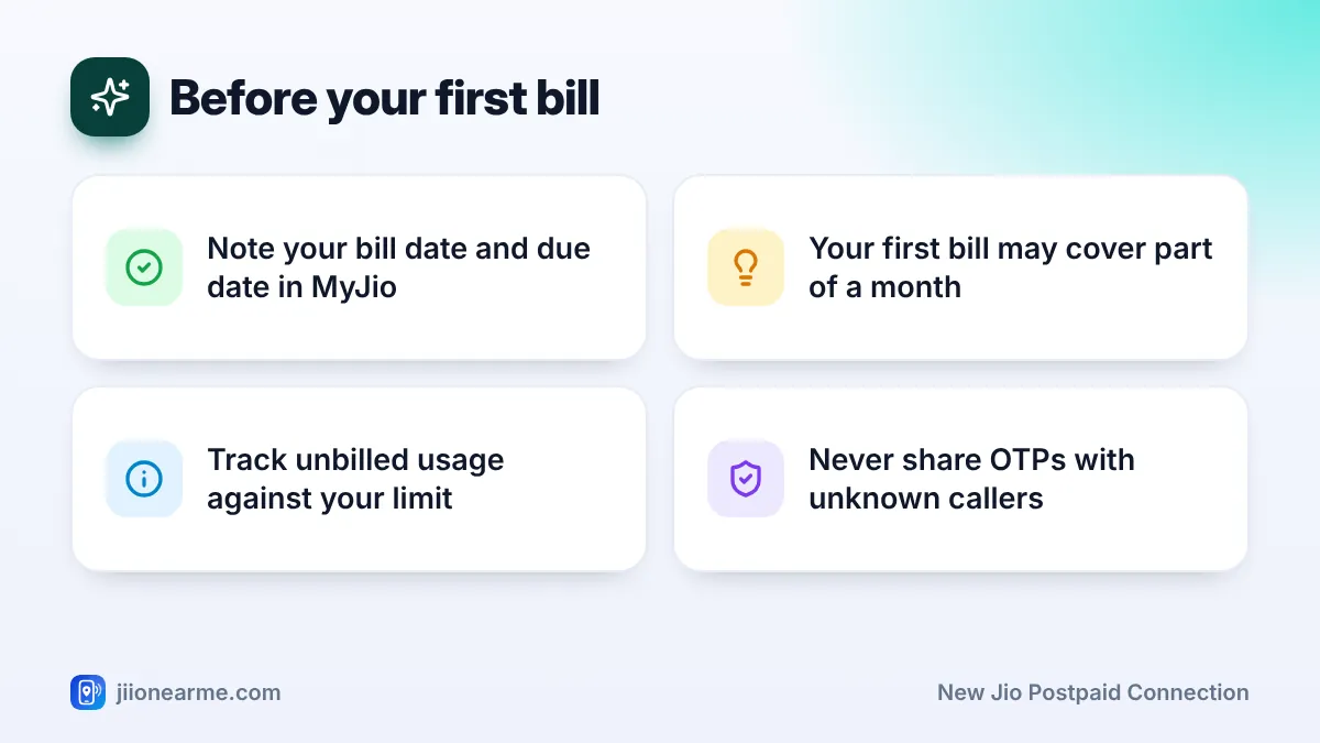 Before your first bill: 4 key tips infographic – How to Apply for a New Jio Postpaid Connection