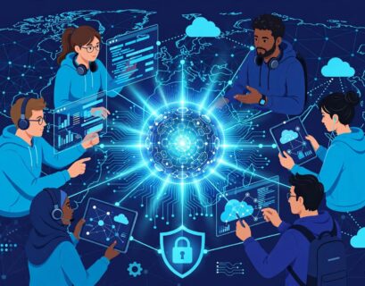 Global engineering teams connected around a glowing AI core with cloud and security icons for an avenga.com review