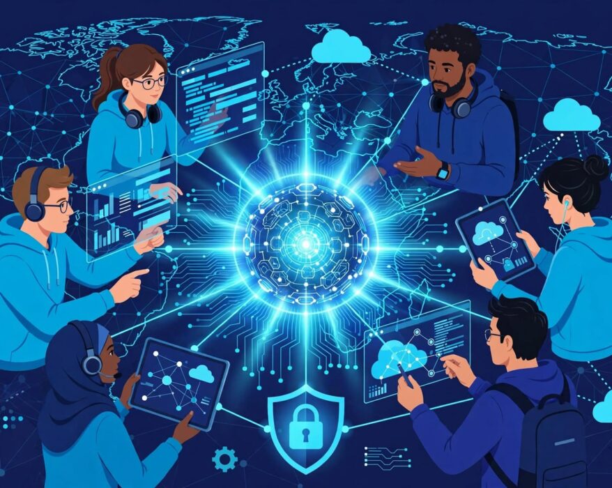 Global engineering teams connected around a glowing AI core with cloud and security icons for an avenga.com review