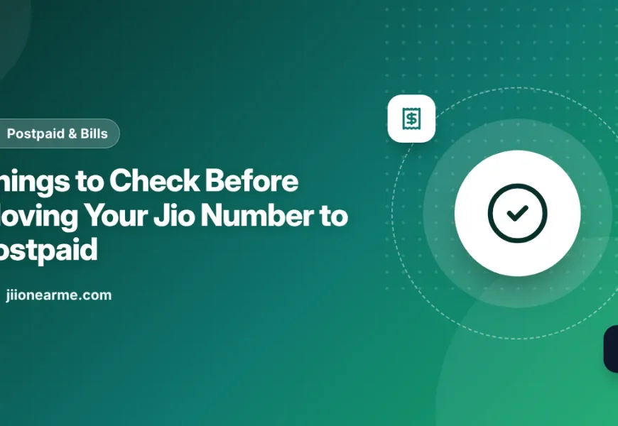 Illustration of a checklist next to a phone showing a Jio postpaid plan