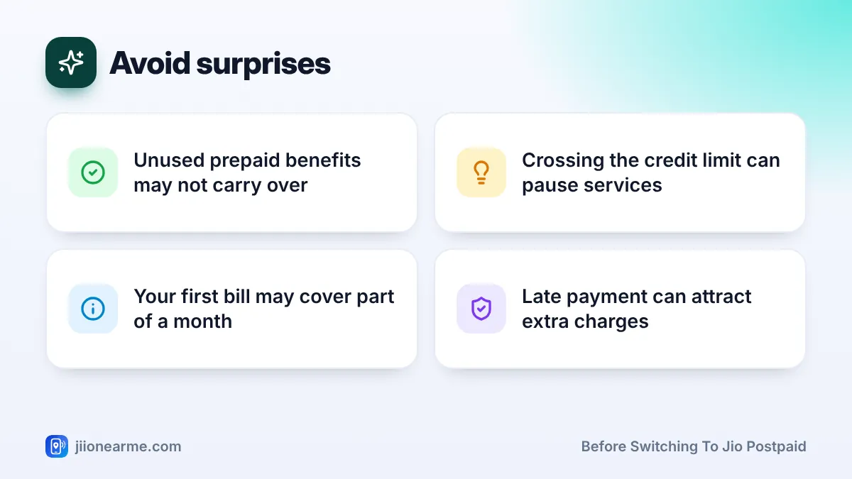 Avoid surprises: 4 key tips infographic – Things to Check Before Moving Your Jio Number to Postpaid