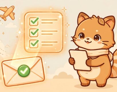 Illustration of an envelope with a green checkmark beside a friendly fox-like mascot holding a checklist