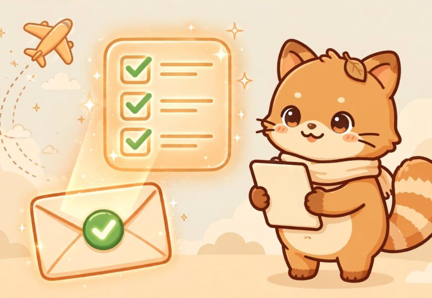Illustration of an envelope with a green checkmark beside a friendly fox-like mascot holding a checklist
