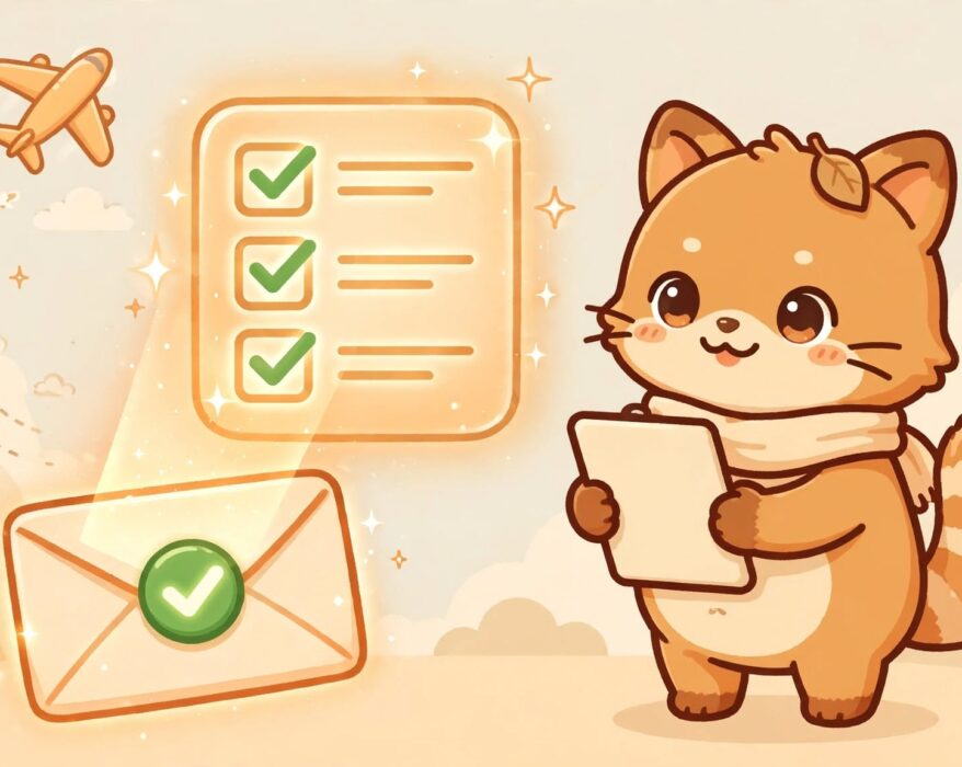 Illustration of an envelope with a green checkmark beside a friendly fox-like mascot holding a checklist