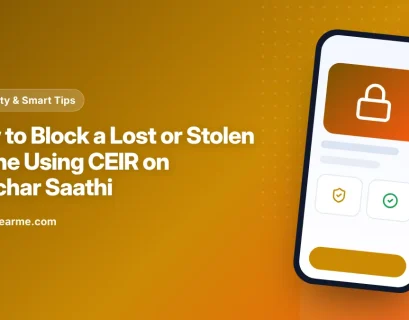 Illustration of a smartphone with a lock symbol and a block request form on the Sanchar Saathi portal