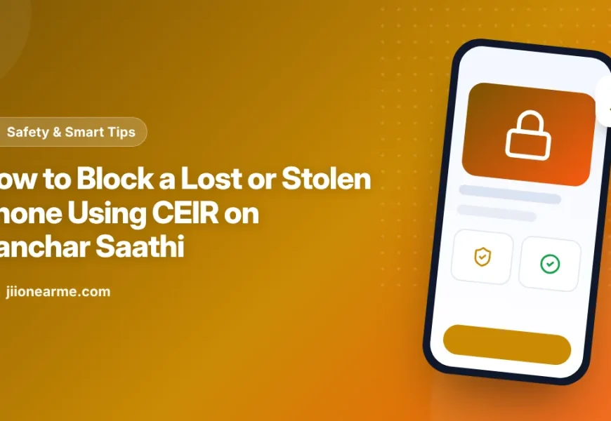 Illustration of a smartphone with a lock symbol and a block request form on the Sanchar Saathi portal