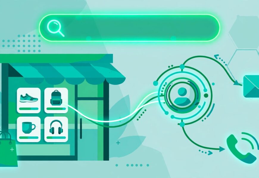 Online store with search bar and product cards linked to a customer profile hub for a bloomreach.com review