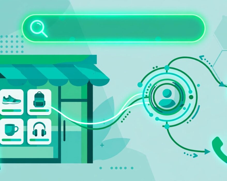 Online store with search bar and product cards linked to a customer profile hub for a bloomreach.com review